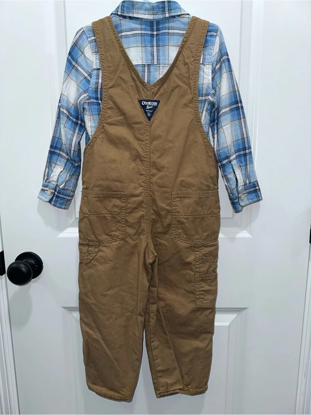 OshKosh Brown Kids Cotton Overalls with Blue Plaid Shirt